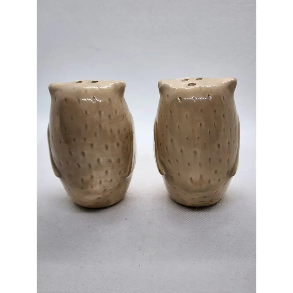 Pier 1 Owl Salt & Pepper Shaker Set Ceramic Beige Brown White Kitchen Decor